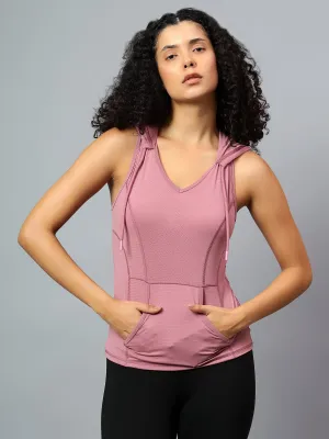 Fitkin Women's Mauve Self Design Sleeveless Hooded Tank Top