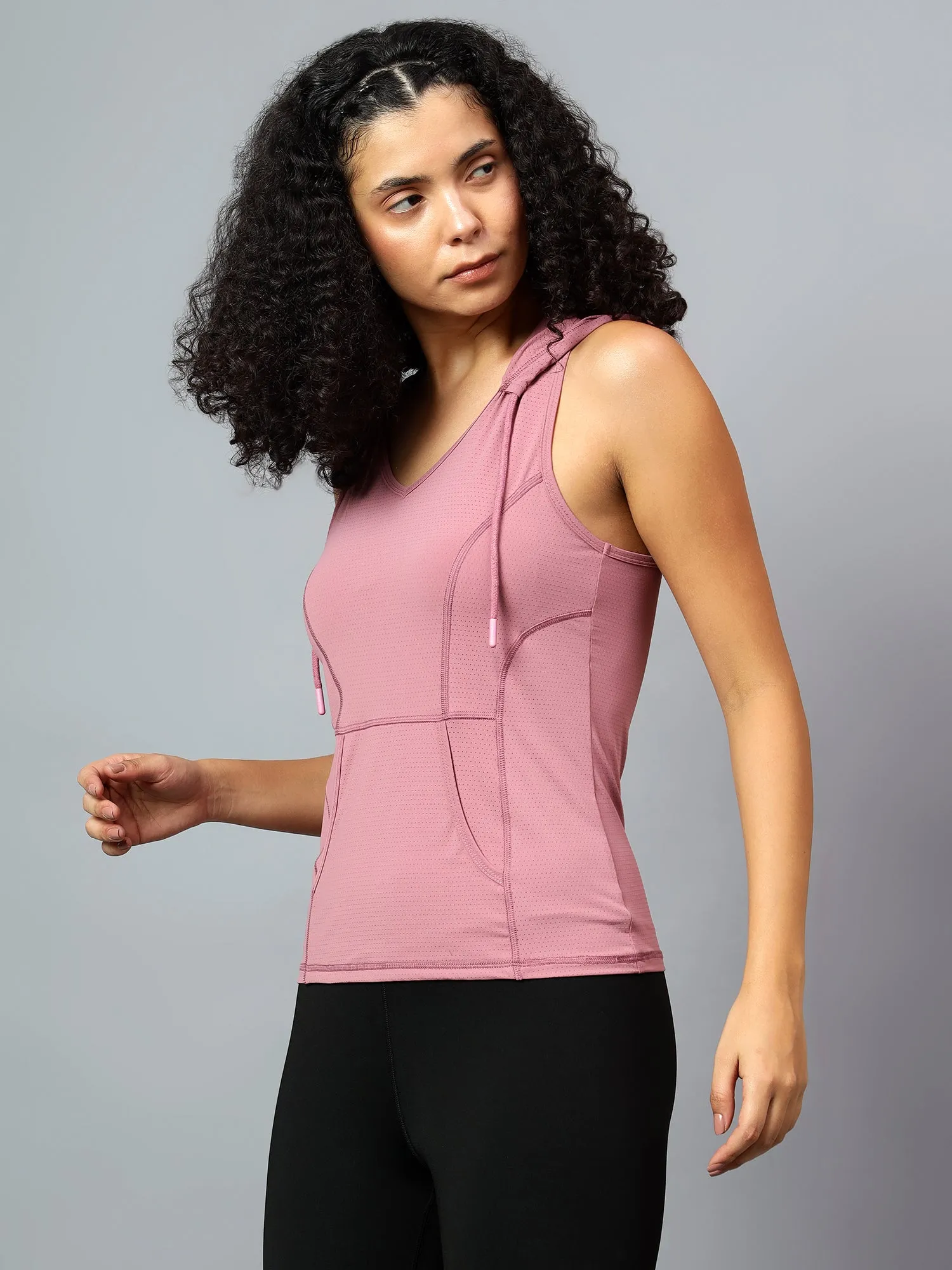 Fitkin Women's Mauve Self Design Sleeveless Hooded Tank Top