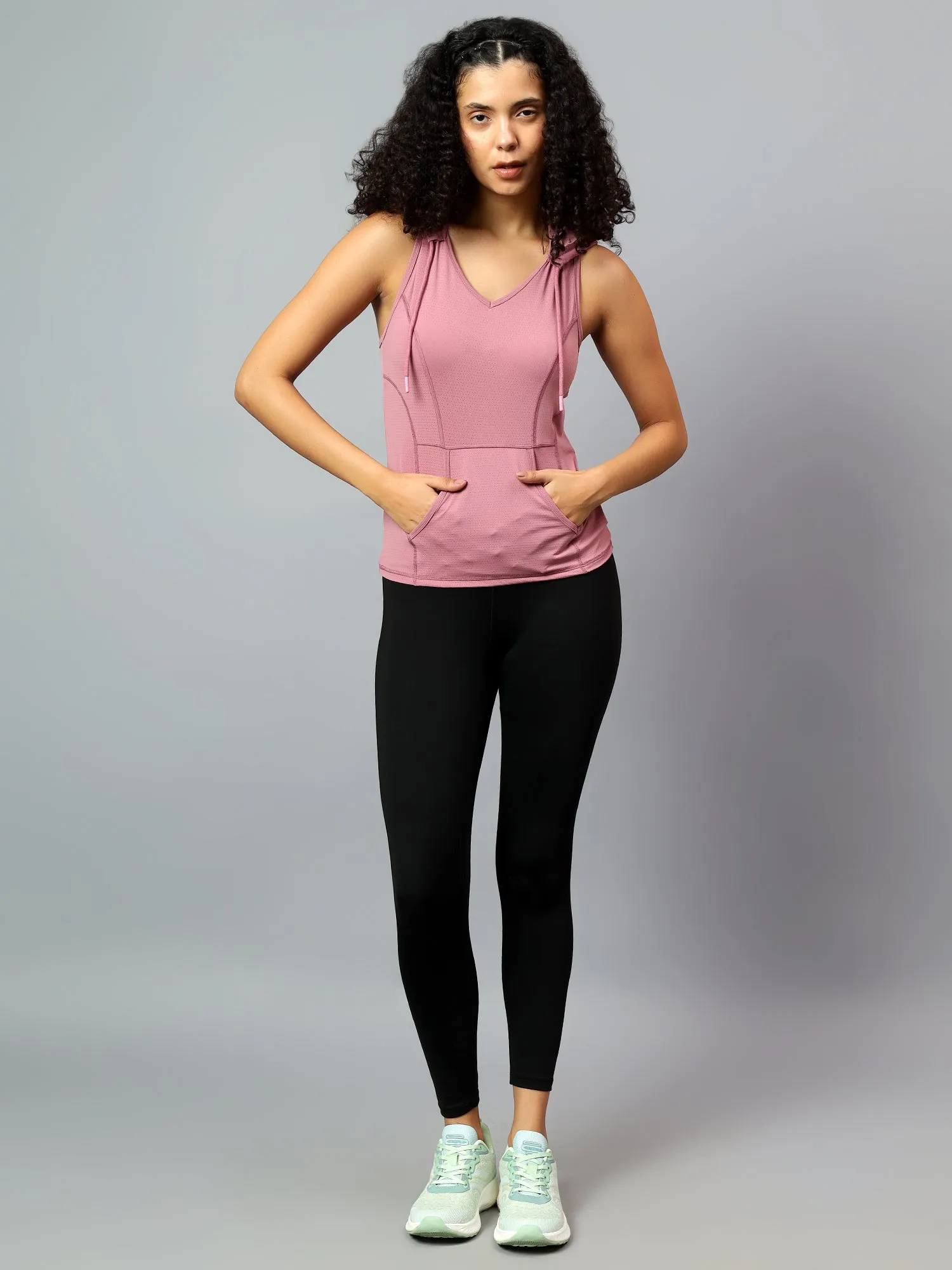 Fitkin Women's Mauve Self Design Sleeveless Hooded Tank Top