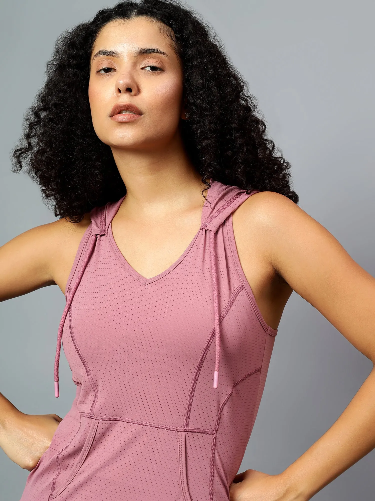 Fitkin Women's Mauve Self Design Sleeveless Hooded Tank Top