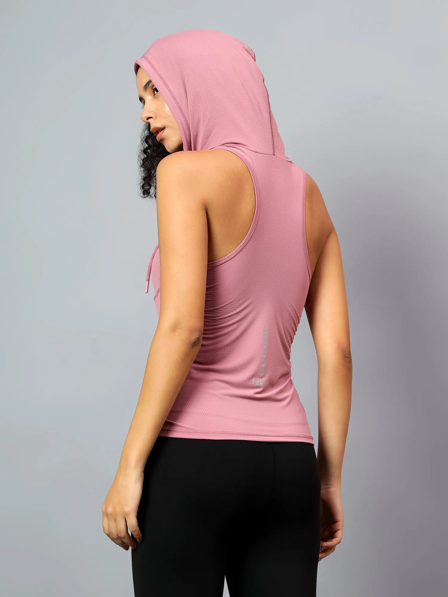Fitkin Women's Mauve Self Design Sleeveless Hooded Tank Top