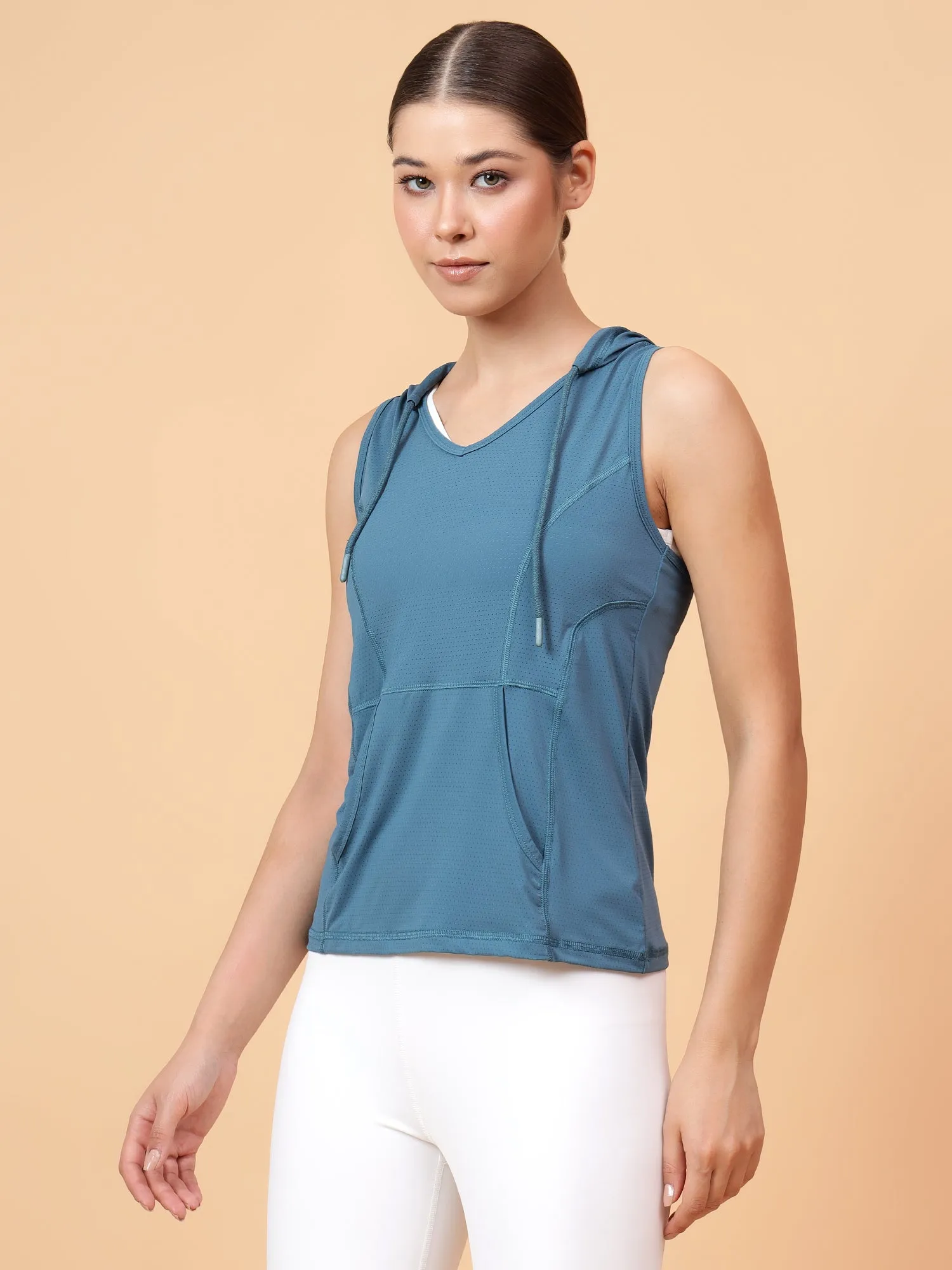 Fitkin Women's Turquoise Self Design Sleeveless Hooded Tank Top