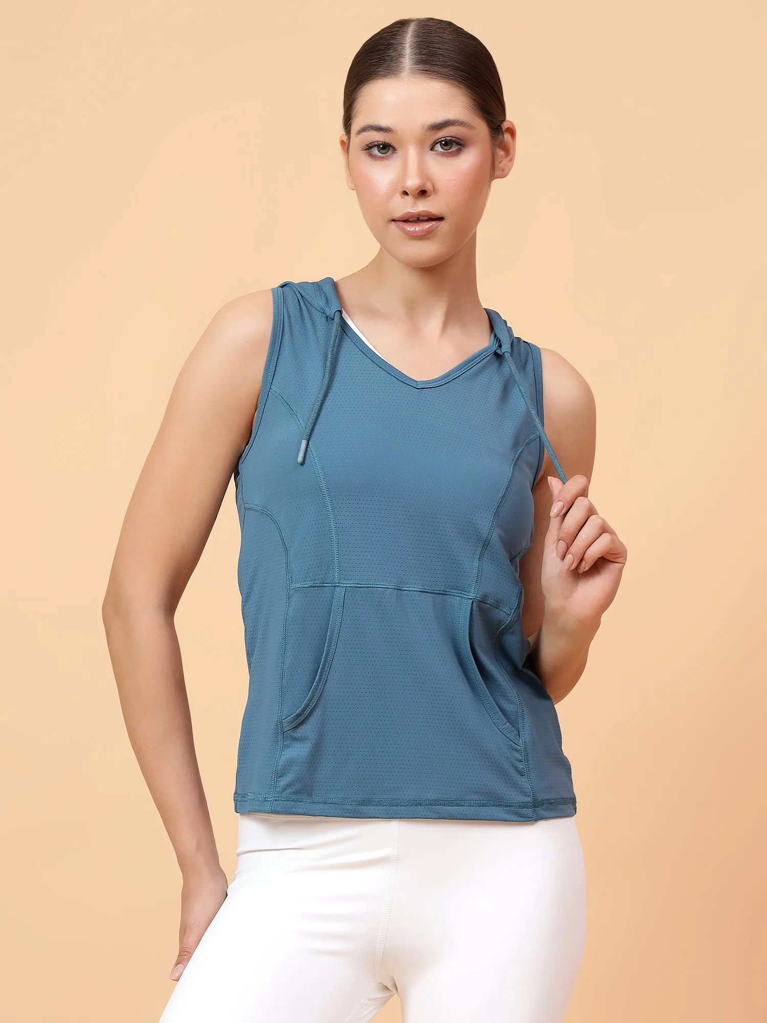 Fitkin Women's Turquoise Self Design Sleeveless Hooded Tank Top