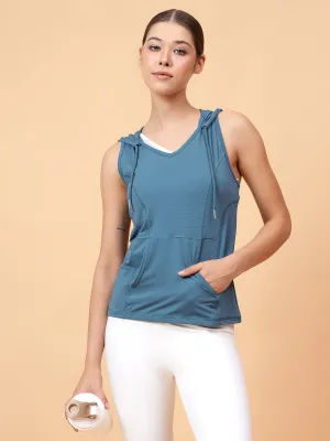 Fitkin Women's Turquoise Self Design Sleeveless Hooded Tank Top