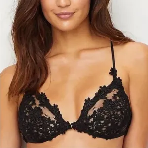 FLORA NIKROOZ Showstopper Charmeuse T-Back Bra in Black Lace Lingerie Size Small