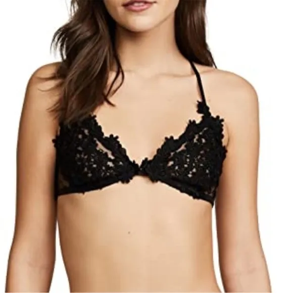 FLORA NIKROOZ Showstopper Charmeuse T-Back Bra in Black Lace Lingerie Size Small
