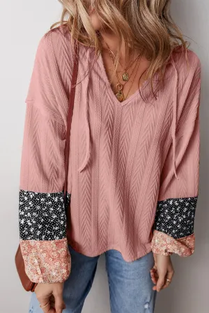 Floral Knit Drawstring V Neck Blouse