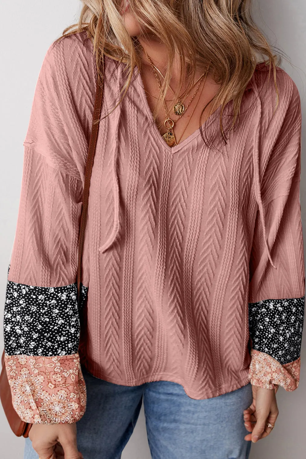Floral Knit Drawstring V Neck Blouse