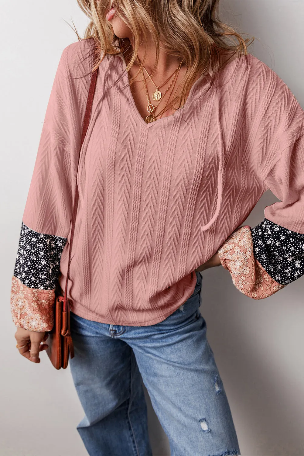 Floral Knit Drawstring V Neck Blouse