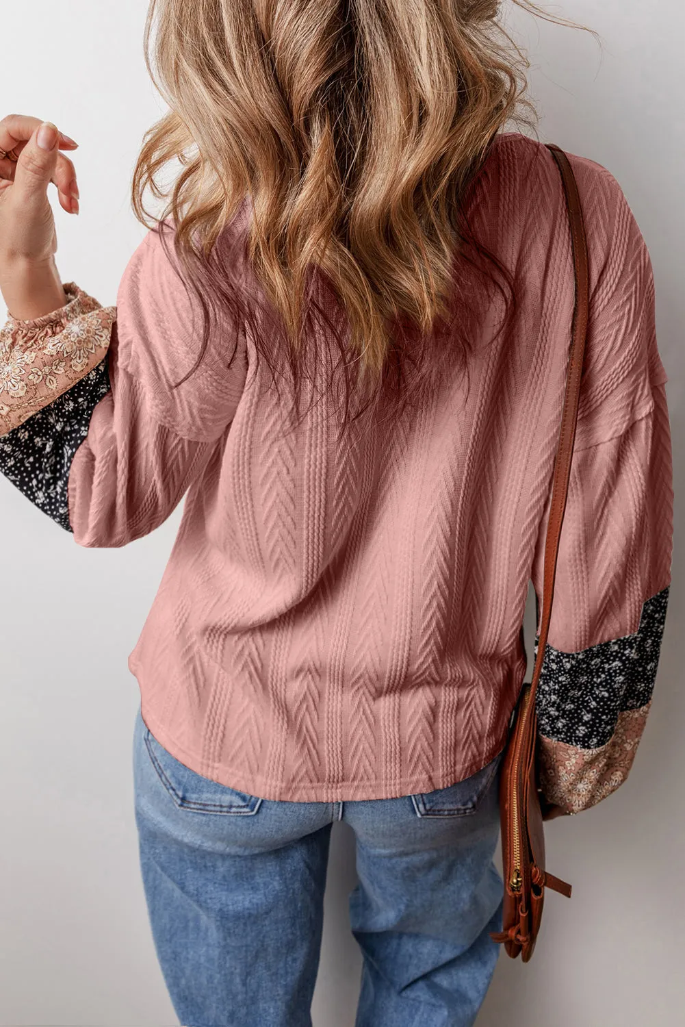 Floral Knit Drawstring V Neck Blouse