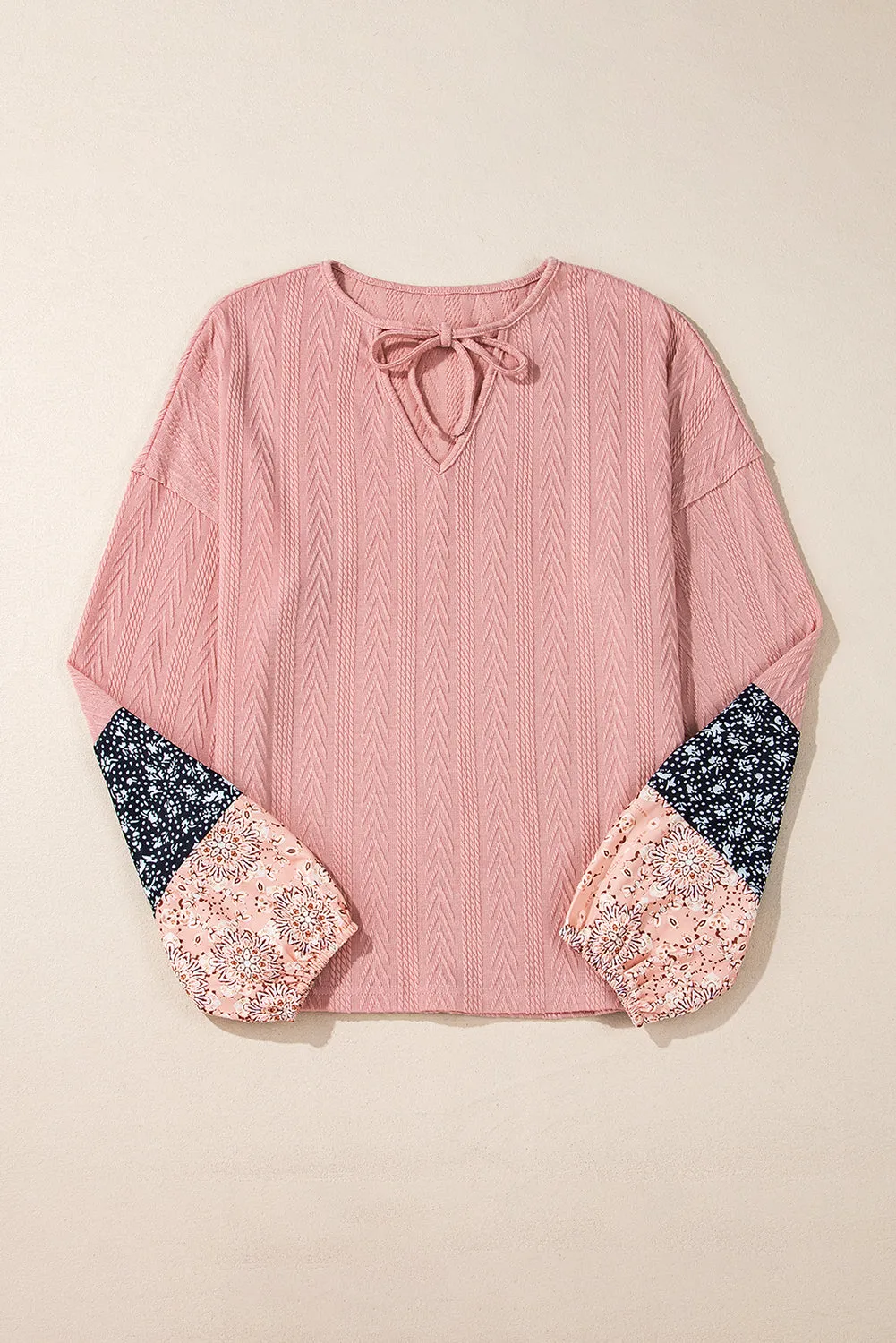 Floral Knit Drawstring V Neck Blouse