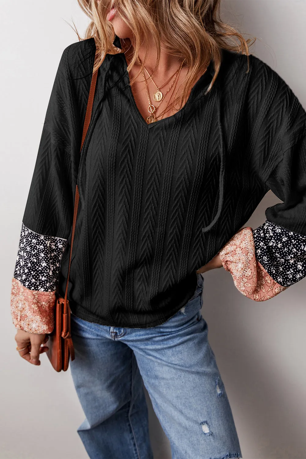 Floral Patchwork Textured Knit Blouse