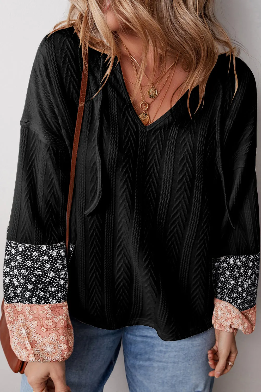 Floral Patchwork Textured Knit Blouse