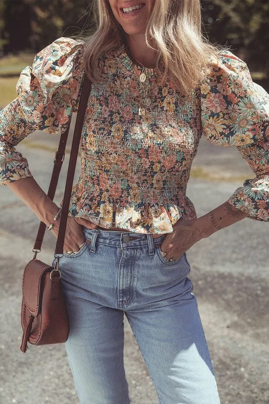 Floral Print Bubble Sleeve Ruffled Crop Top