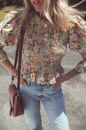 Floral Print Bubble Sleeve Ruffled Crop Top