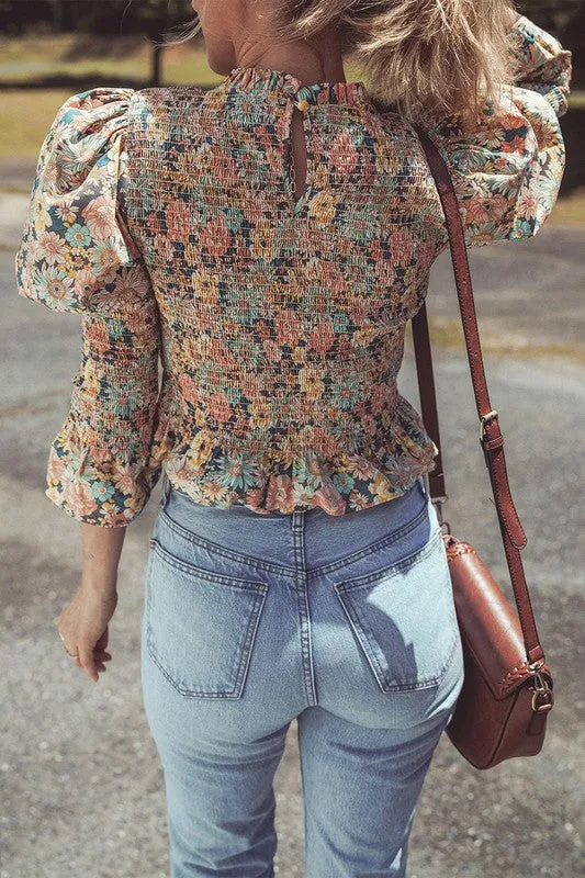 Floral Print Bubble Sleeve Ruffled Crop Top
