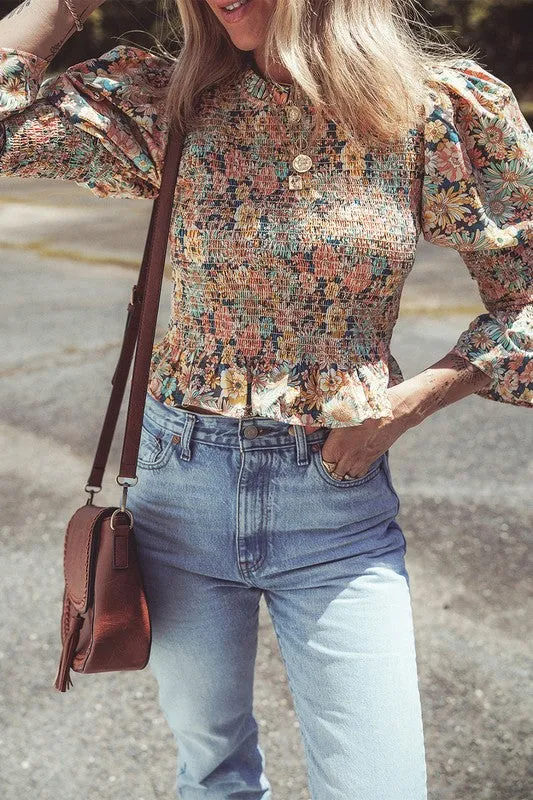 Floral Print Bubble Sleeve Ruffled Crop Top