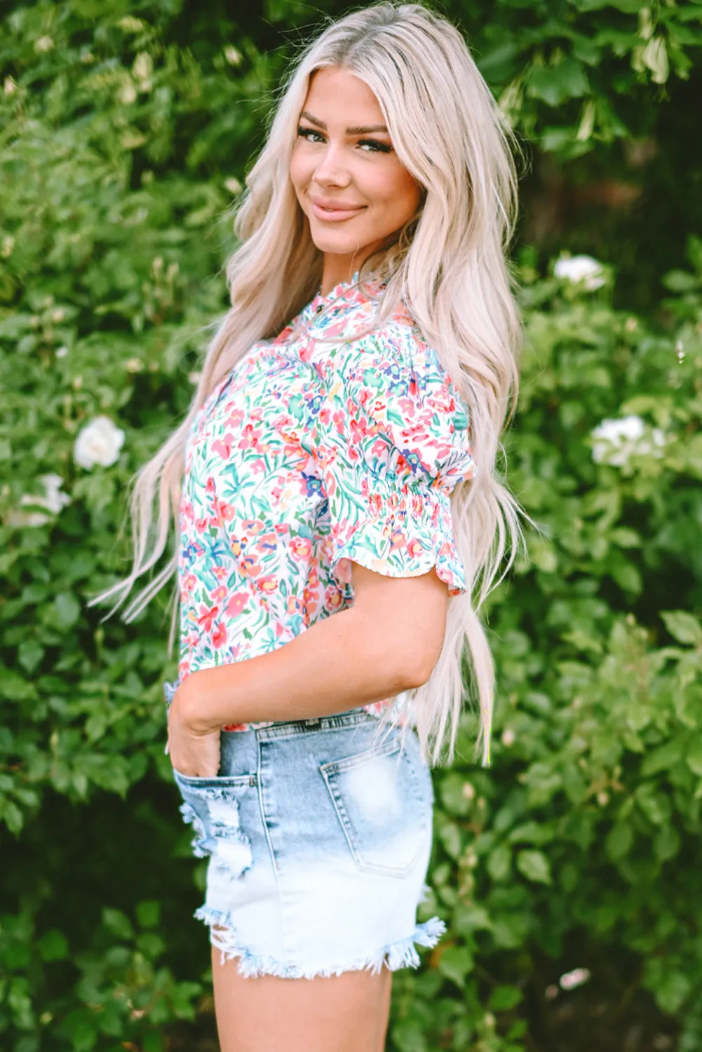 Floral Print Split Neck Puff Sleeve Blouse