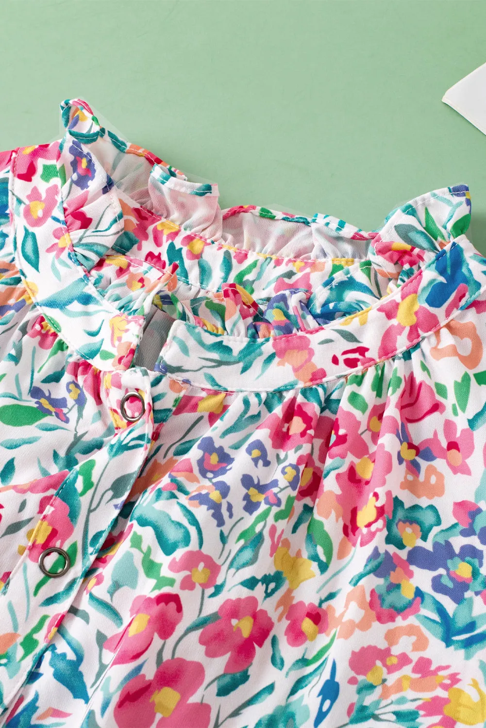 Floral Print Split Neck Puff Sleeve Blouse