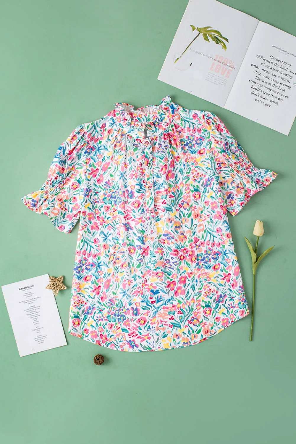 Floral Print Split Neck Puff Sleeve Blouse