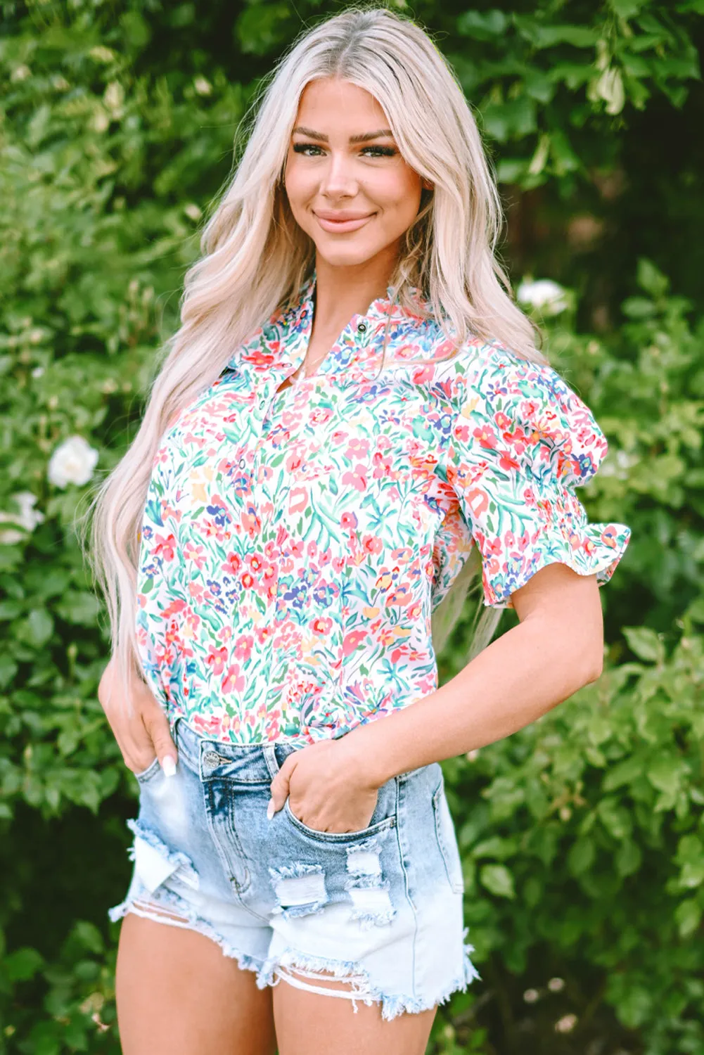 Floral Print Split Neck Puff Sleeve Blouse