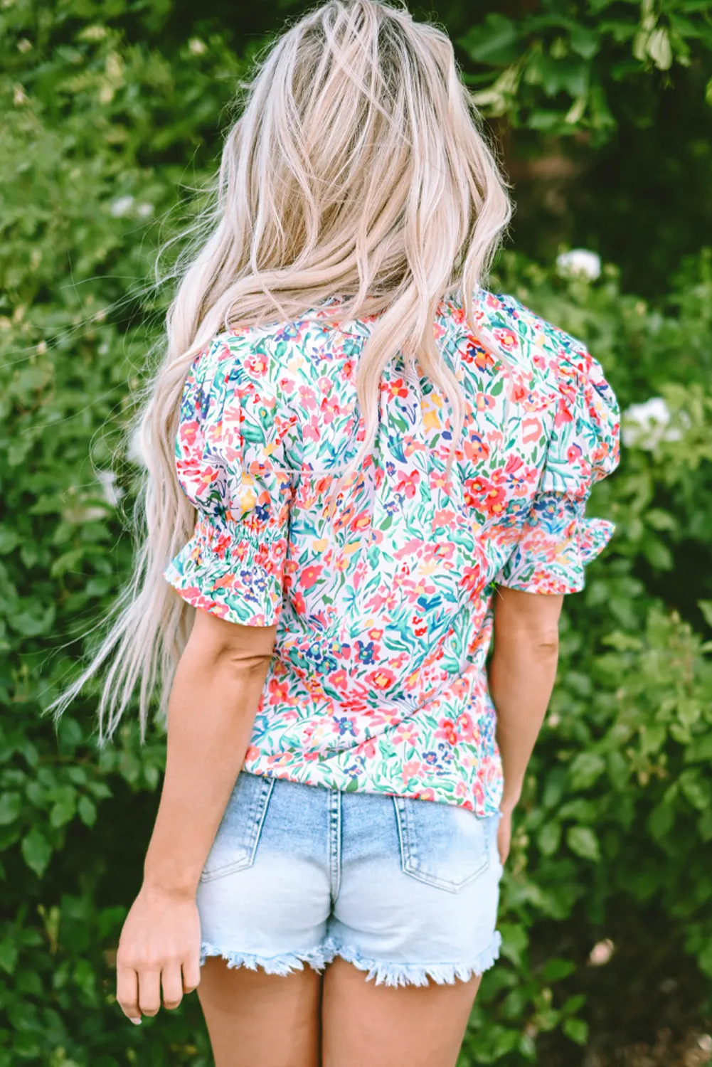 Floral Print Split Neck Puff Sleeve Blouse