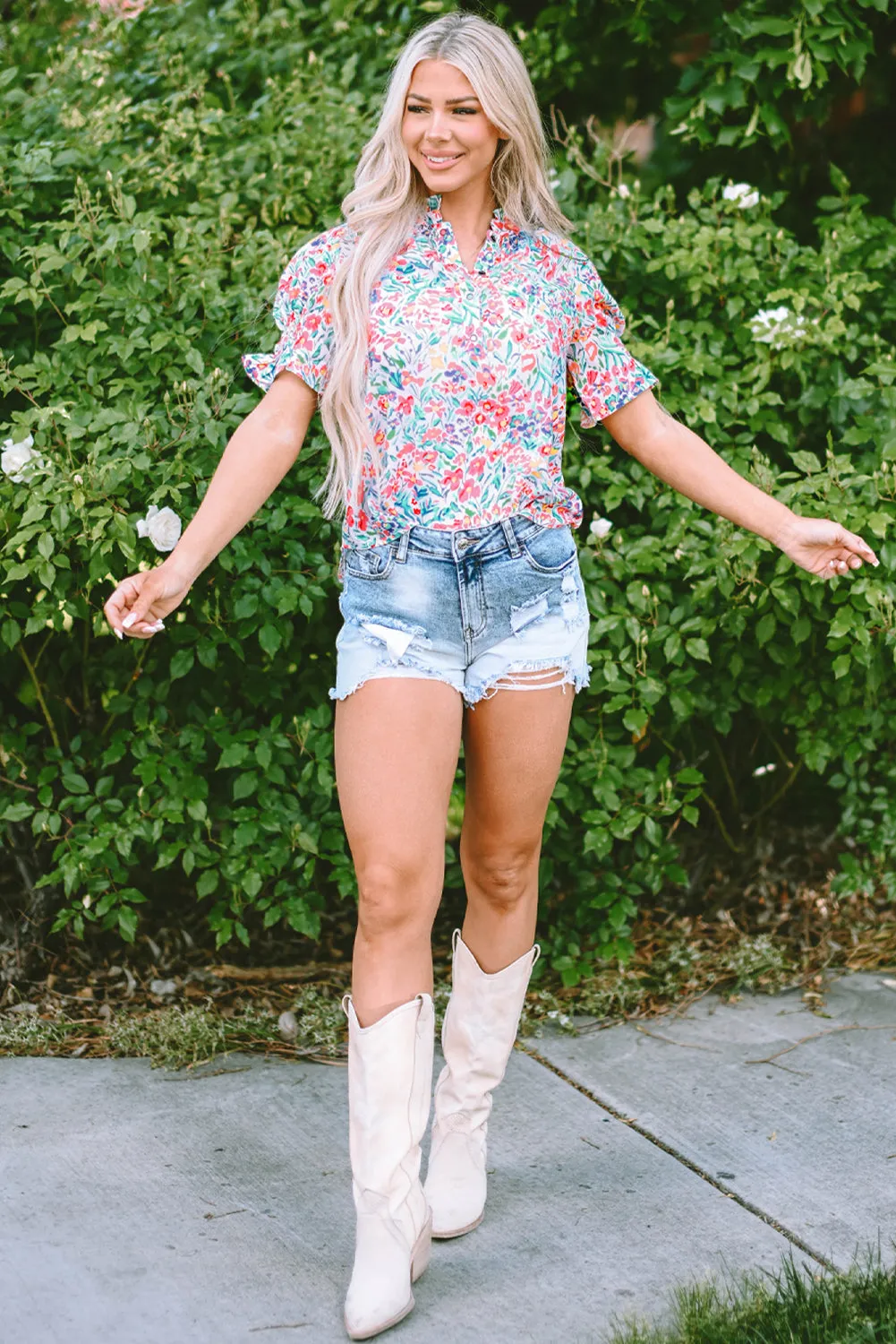 Floral Print Split Neck Puff Sleeve Blouse