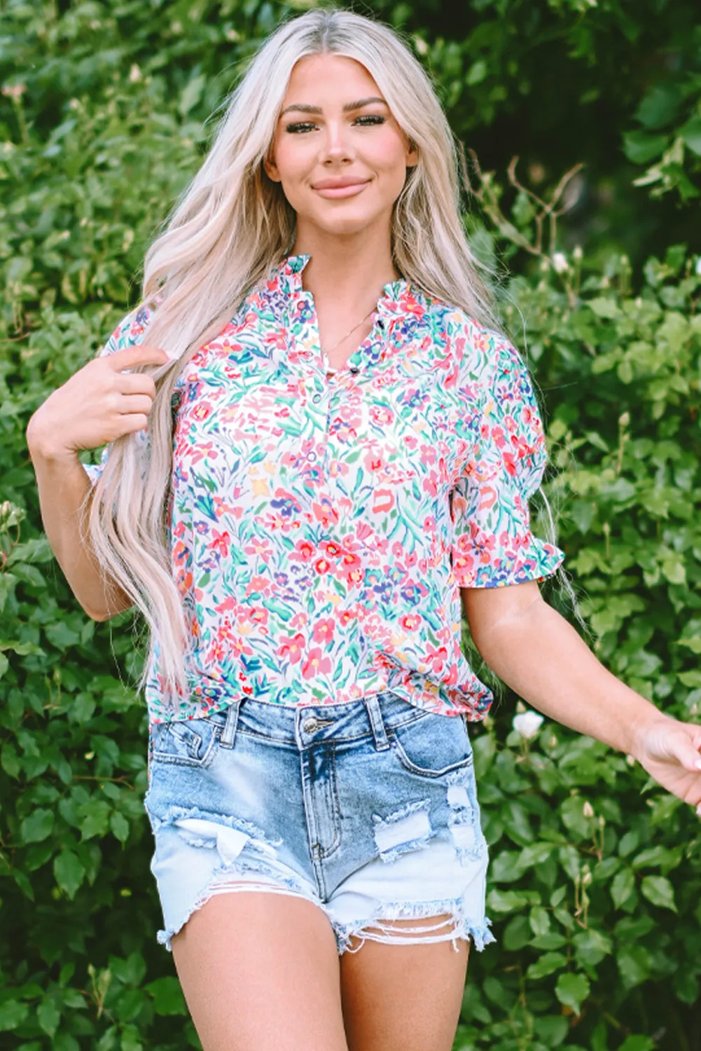 Floral Print Split Neck Puff Sleeve Blouse