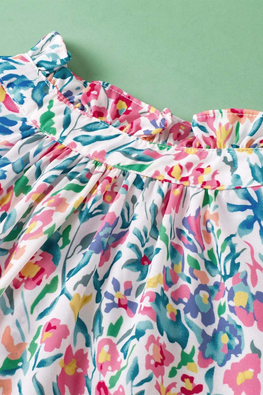 Floral Print Split Neck Puff Sleeve Blouse
