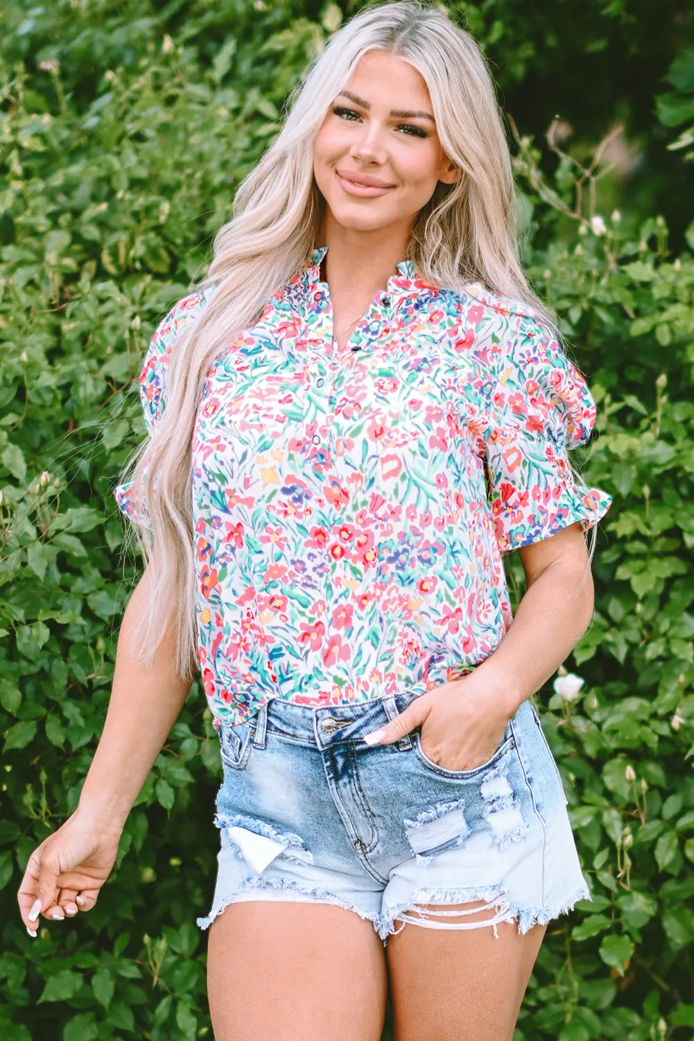 Floral Print Split Neck Puff Sleeve Blouse