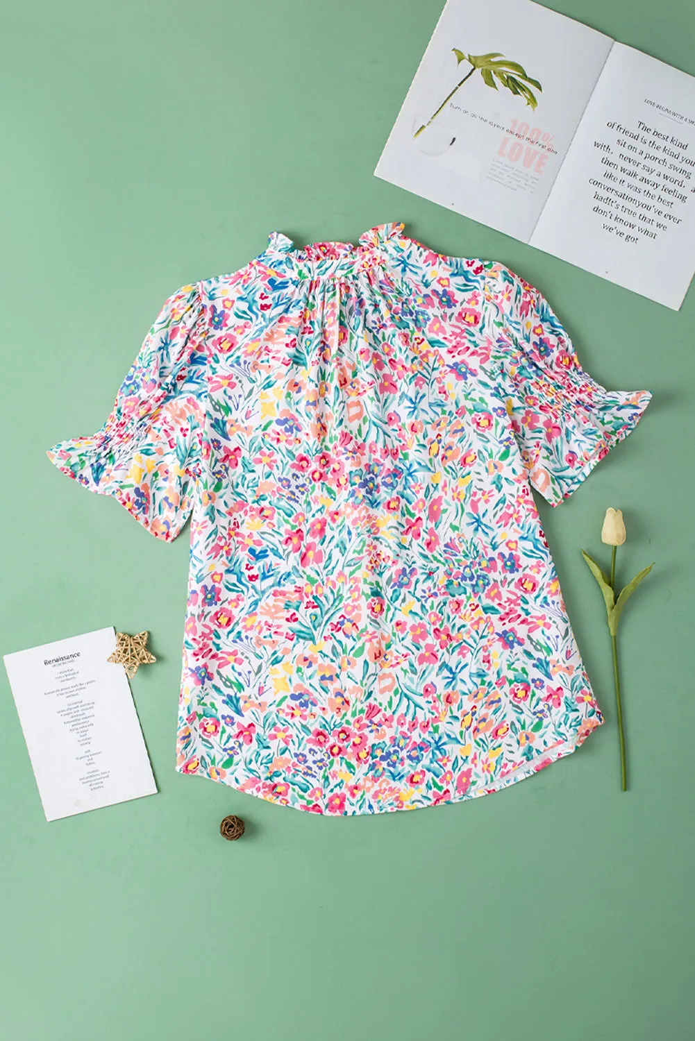 Floral Print Split Neck Puff Sleeve Blouse
