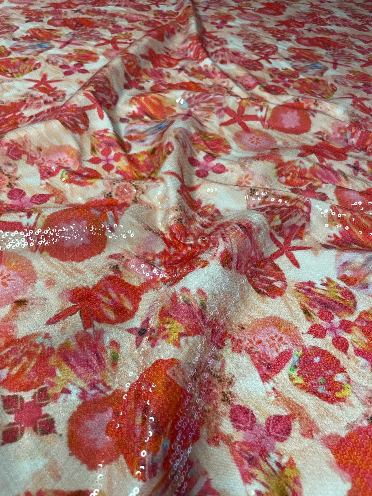 Floral Sequin Fabric – Red and Pink Starfish 2-Way Stretch Fabric By The Yard