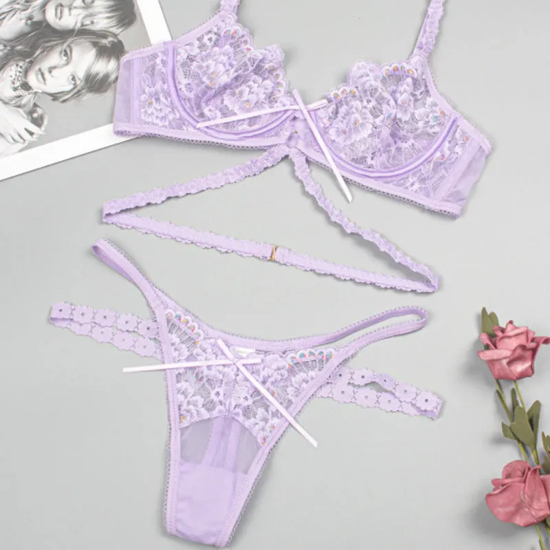 Floral Sheer Lace Strappy Lingerie Set