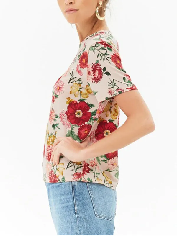 Fresh And Sweet Floral Print Loose Short-Sleeved T-shirt