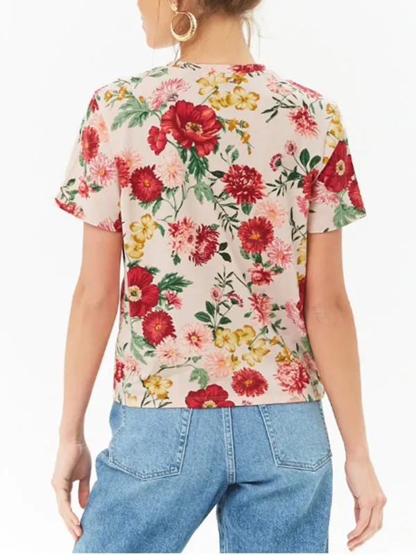 Fresh And Sweet Floral Print Loose Short-Sleeved T-shirt