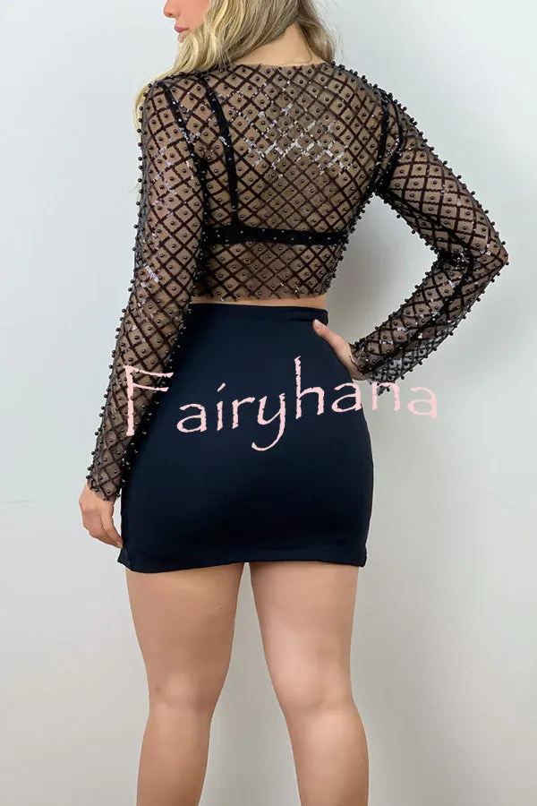 Geometric Pattern Crew Neck Mesh Pearl Sequin Long Sleeved Top