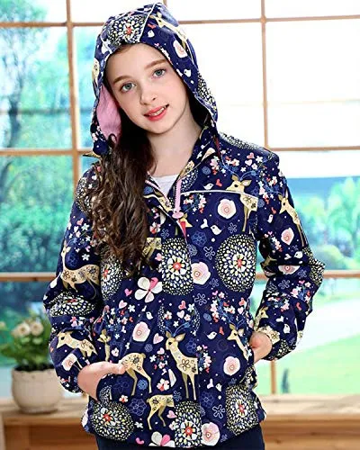 Girls Rain Jacket Kids Hooded Raincoat Windbreaker with Fleece Lining (2901, 8)