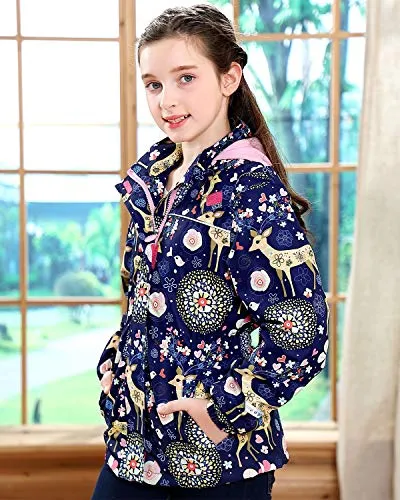 Girls Rain Jacket Kids Hooded Raincoat Windbreaker with Fleece Lining (2901, 8)