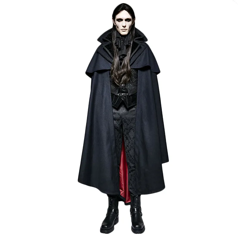 Gothic Vampire Count Woven Mens Blue Cape Poncho Coat Stand-Collar Fake Two-Piece Vest Sleeveless Cape Outside The Cloak
