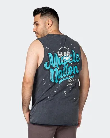 Graffiti Tag Vintage Tank - Washed Black / Capri Blue