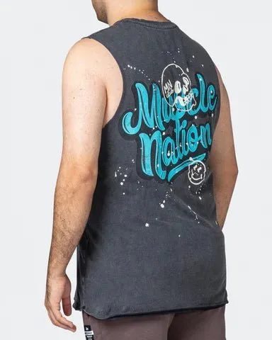 Graffiti Tag Vintage Tank - Washed Black / Capri Blue