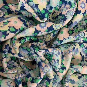 Green and Aqua Multi Floral Print Rayon Challis Fabric
