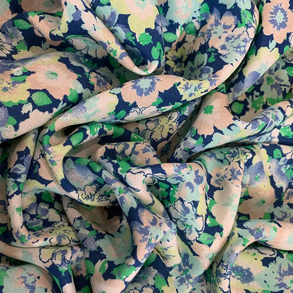 Green and Aqua Multi Floral Print Rayon Challis Fabric