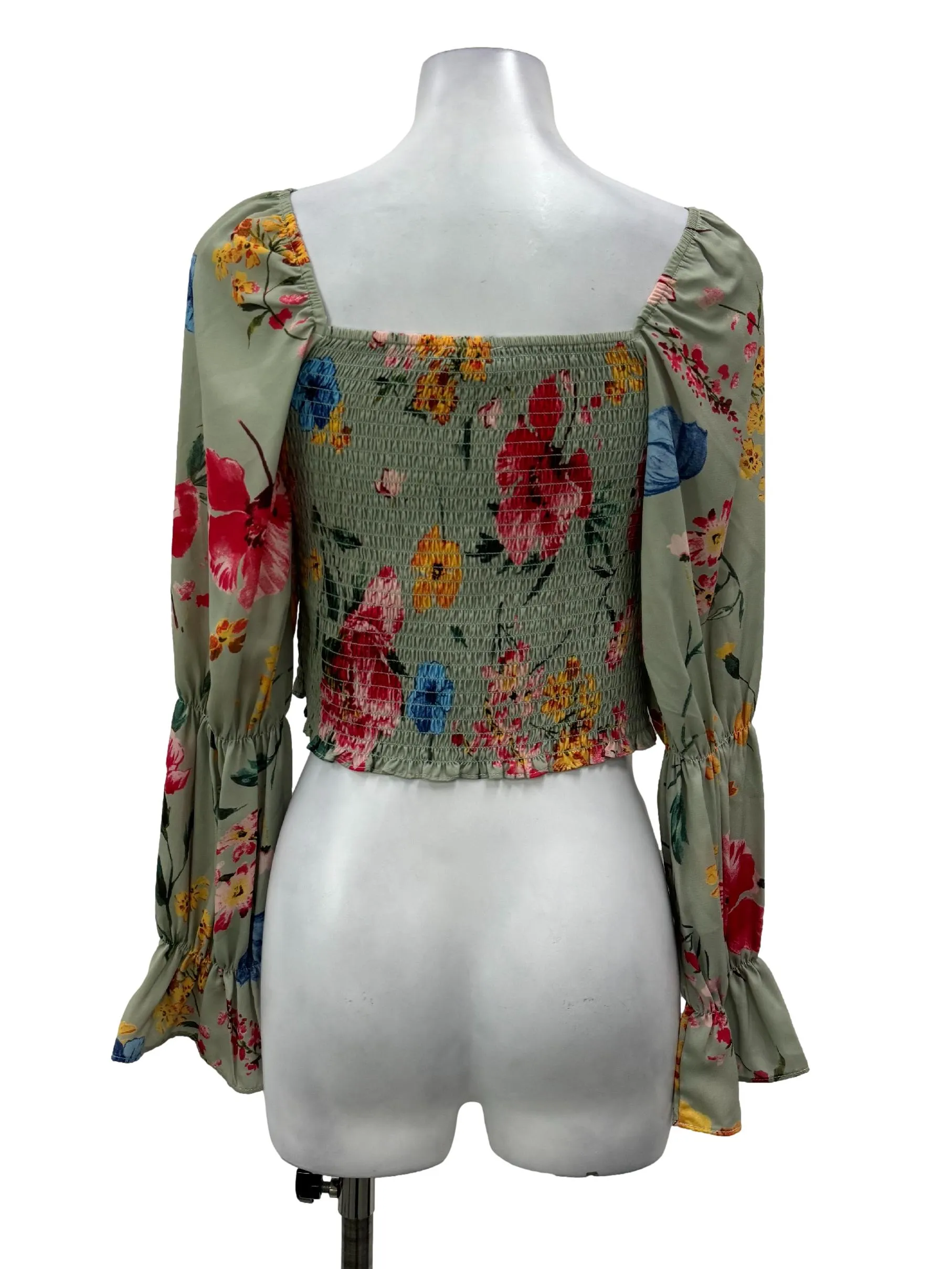 Green Floral Smocked Long Sleeves Blouse