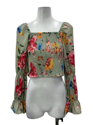 Green Floral Smocked Long Sleeves Blouse