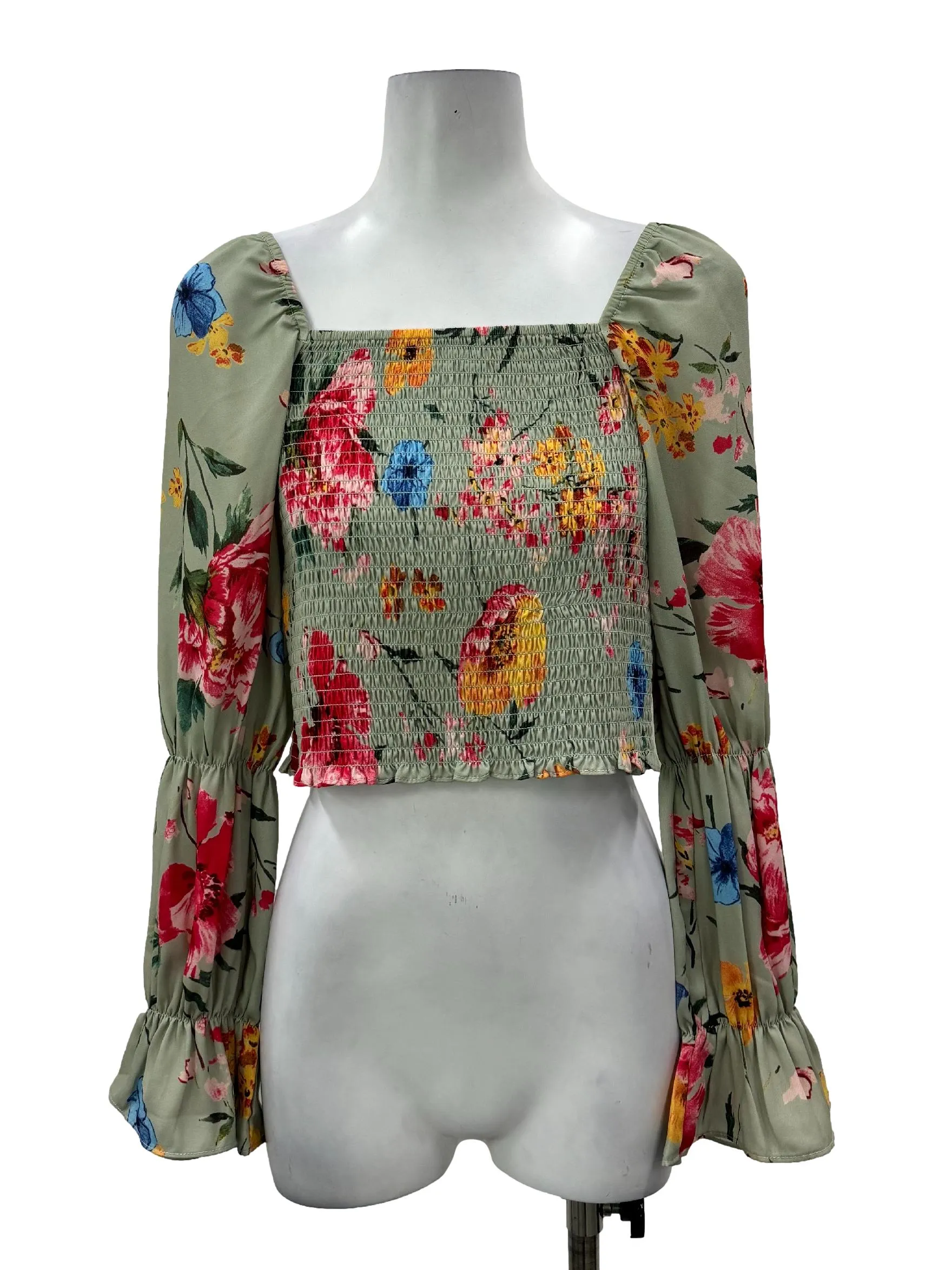 Green Floral Smocked Long Sleeves Blouse