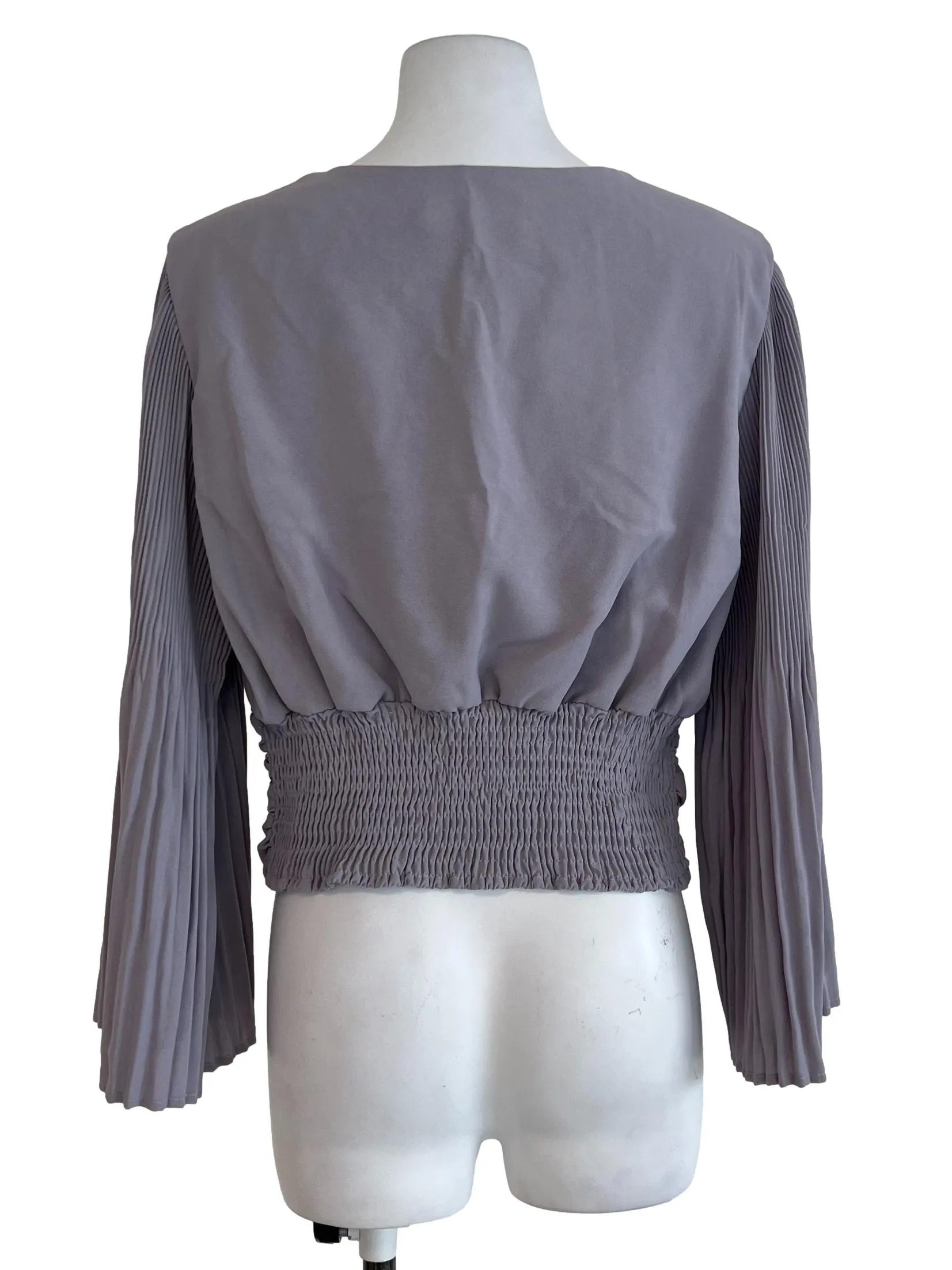 Grey V Neck Pleated Long Sleeve Top