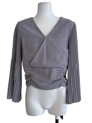 Grey V Neck Pleated Long Sleeve Top