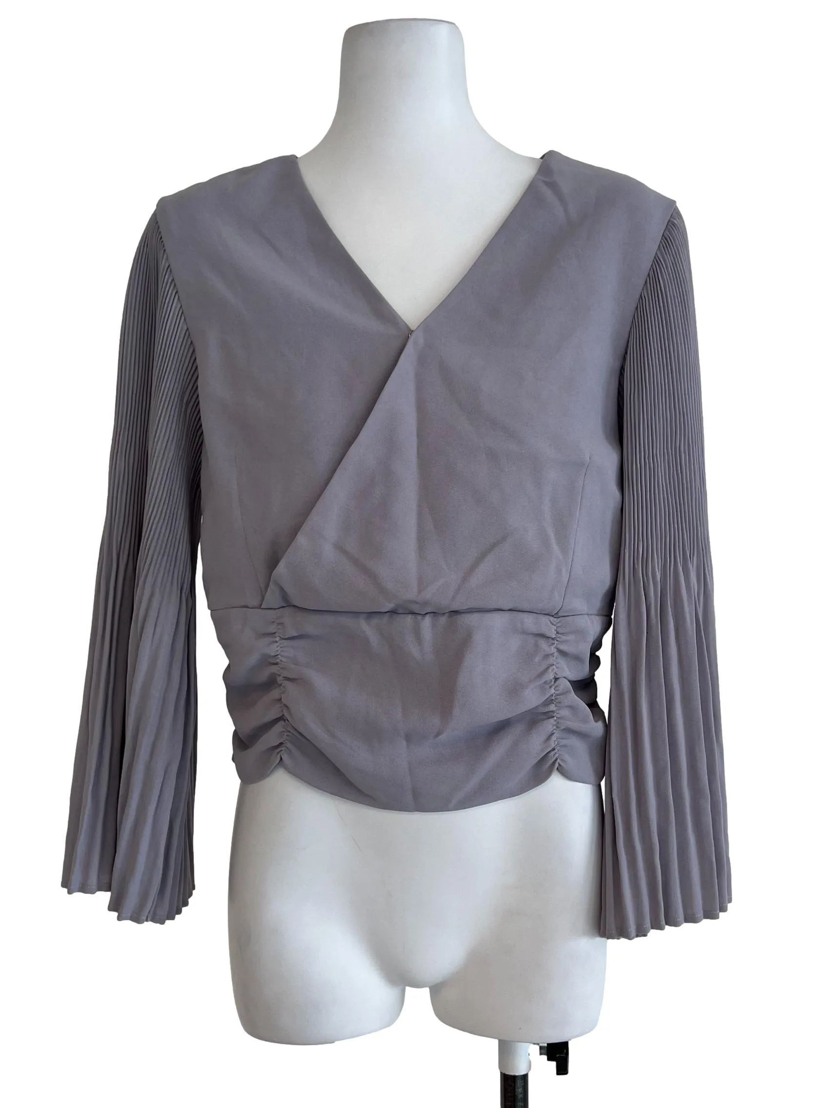 Grey V Neck Pleated Long Sleeve Top