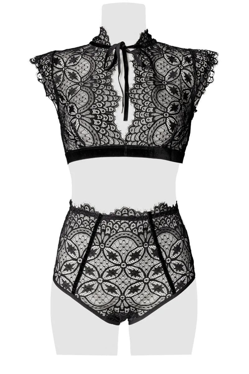 Grey Velvet Collared Lace Set